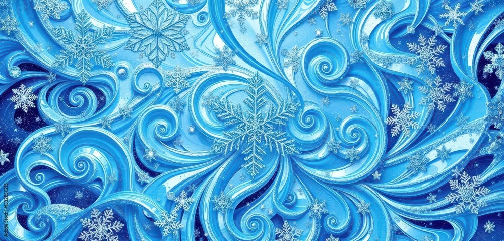 Intricate swirling patterns of icy blue and silver, forming abstract snowflakes and festive shapes, design, decor Intricate swirling patterns of icy blue and silver, forming abstract snowflakes and festive shapes, design, decor
