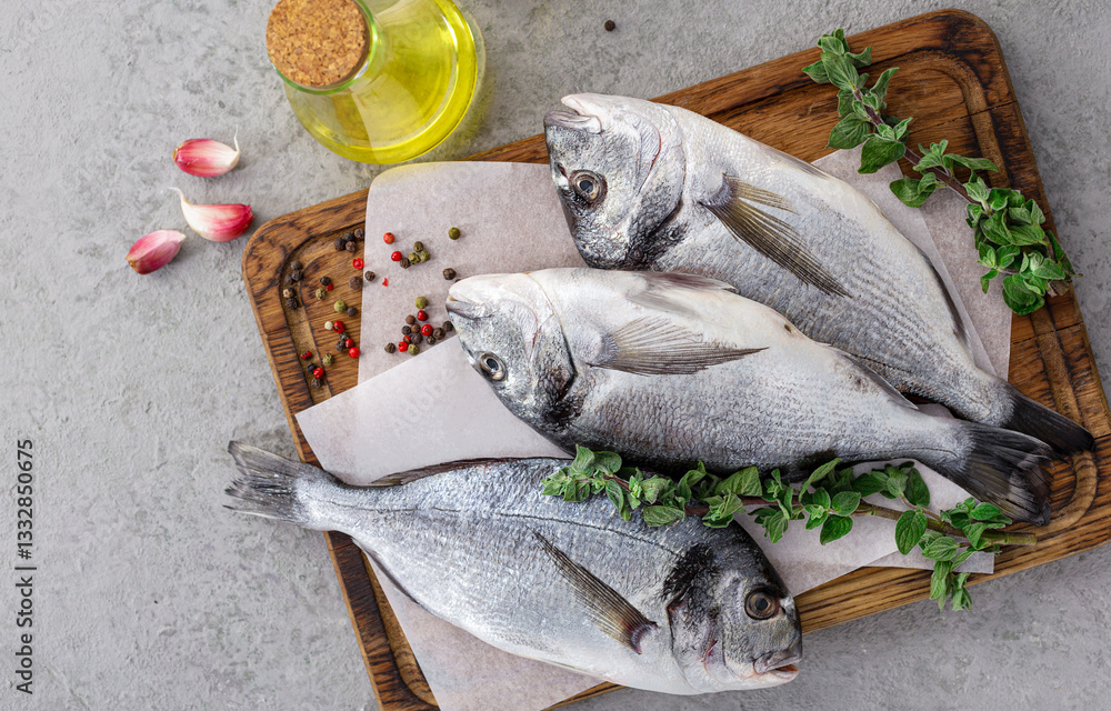 Top view of fresh raw dorado fish on a wooden cutting board with garlic, pepper, and olive oil. A healthy seafood for cooking food