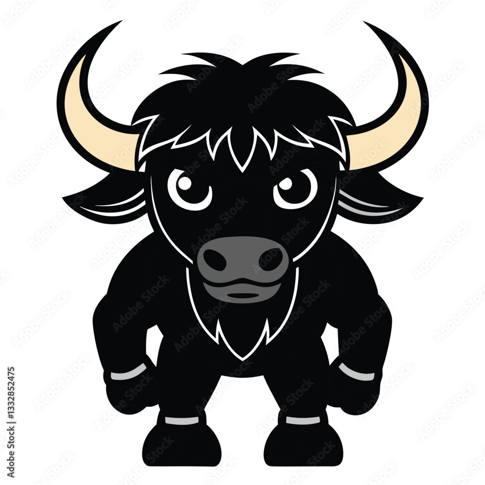 Fototapeta premium A cute cartoon black yak with large horns, facing forward. It has a simplified, bold design with a friendly expression.