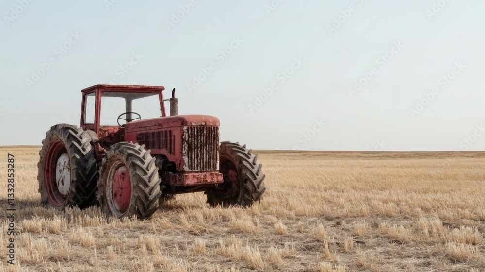 A weathered red tractor stands still in a golden wheat field A weathered red tractor stands still in a golden wheat field