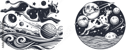 set of surreal cow jumping over the moon  with planets vector illustration, engraving sketch ink poster black illustration etching style tattoo