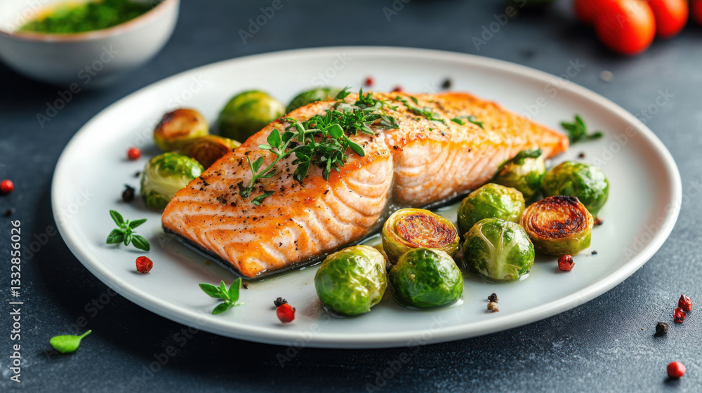 Herb crusted salmon with brussels sprouts for keto lunch or dinner inspiration Herb crusted salmon with brussels sprouts for keto lunch or dinner inspiration