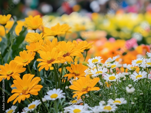 Vibrant Yellow and White Daisies in a Blooming Garden with a Colorful Background of Mixed Floral Displays During a Sunny Spring Day