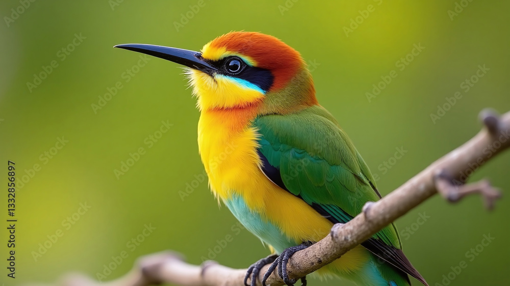 Close-up of an European Bee-eater Colorful Vibrant Bird Perched and Sitting on Tree Branch in natural habitat Close-up of an European Bee-eater Colorful Vibrant Bird Perched and Sitting on Tree Branch in natural habitat