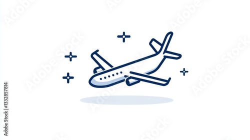 Minimalist vector illustration featuring an airplane soaring through the sky, symbolizing air travel, tourism, and the aviation industry, with a clean and modern aesthetic