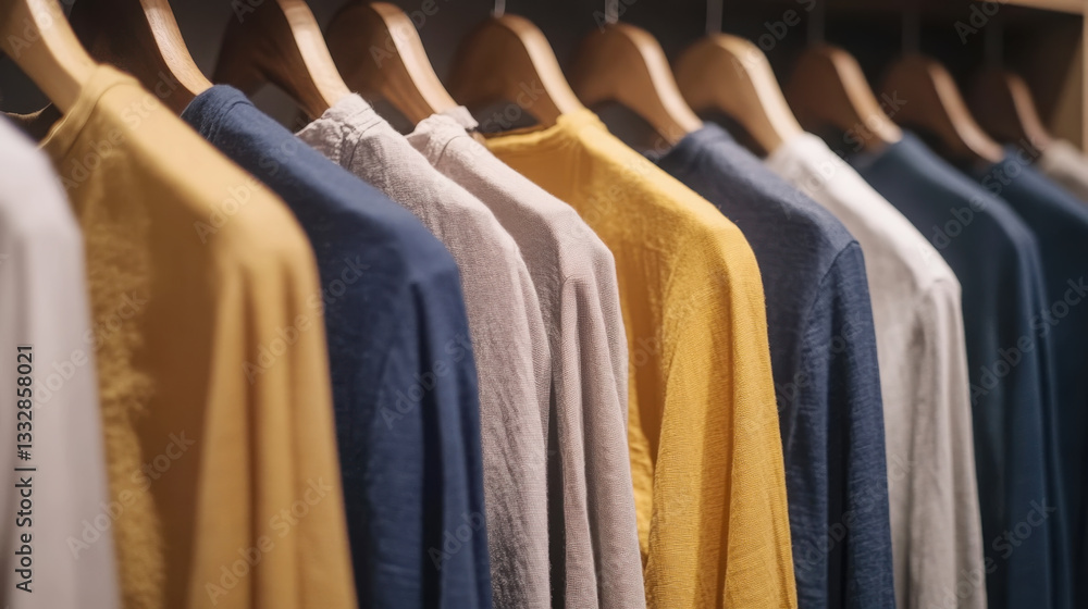 Obraz premium Hand stitched garments dyed with natural pigments hanging in a row for sustainable fashion display