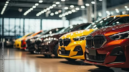 Luxury car dealership interior showing row Premium automobiles displayed in modern showroom with dramatic lighting highlighting glossy finishes and distinctive design