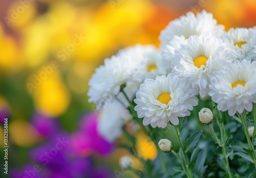 White daisies bloom gracefully amidst a vibrant backdrop of colorful flowers in a serene garden setting during the sunny daytime hours of spring season.