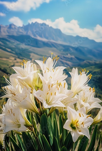 White Lilies Blooming in a Mountain Landscape under a Clear Sky with Rolling Hills and Soft Clouds in the Background