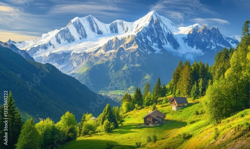 Majestic snow-capped peaks rise above the serene valley below