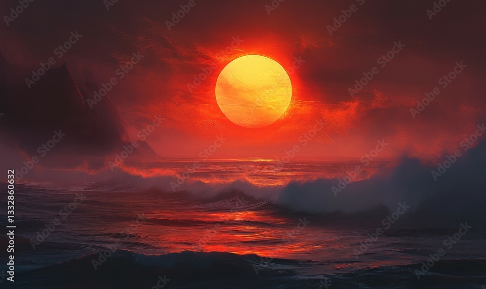 The sun setting dramatically over a fog-covered sea, casting a brilliant, fiery glow that reflects on the waves. The sun setting dramatically over a fog-covered sea, casting a brilliant, fiery glow that reflects on the waves.