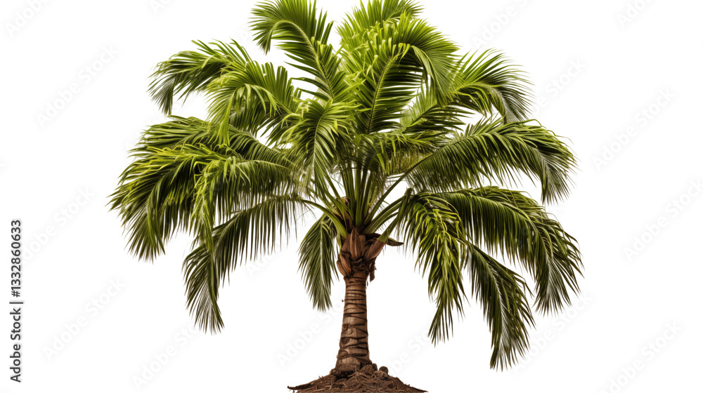 Obraz premium Tropical Palm Tree Lush Green Foliage, Isolated on White for Summer Paradise Themes.