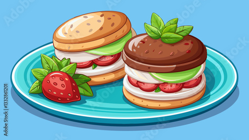 Two delightful ice cream cookie sandwiches with mint and strawberry layers on a plate, promising a sweet and refreshing indulgence to savor.