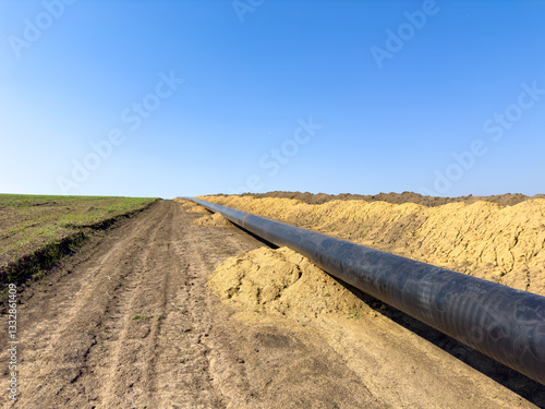 There is a large pipe running through a vast dirt field area