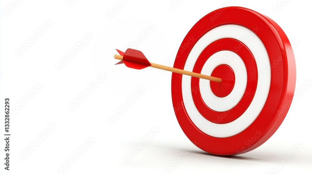Red arrow piercing target bullseye, highlighting precision, success, and goal oriented performance with sharp visual impact against minimal white backdrop Red arrow piercing target bullseye, highlighting precision, success, and goal oriented performance with sharp visual impact against minimal white backdrop