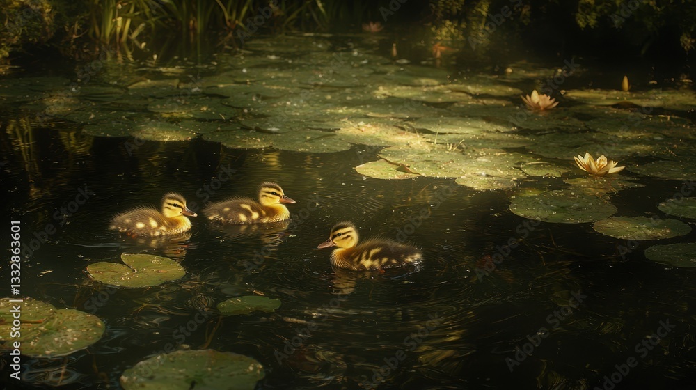 Fototapeta premium Three fluffy ducklings glide gracefully across a tranquil pond. Surrounding them, vibrant lily pads and soft sunlight create a serene atmosphere in the afternoon