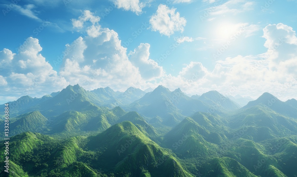 Obraz premium World Environment Day concept: Green mountains and beautiful sky clouds under the blue sky