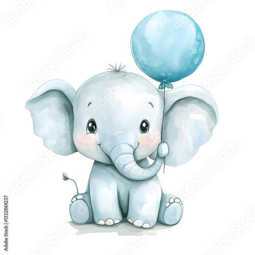 Cute watercolor illustration of a blue baby elephant holding a blue balloon, isolated on transparent background, perfect for nursery decor and children’s designs