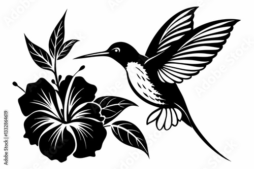 hummingbird and hibiscus line art silhouette vector illustration