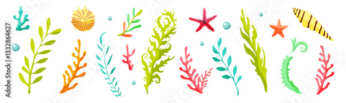 A colorful array of sea plants and sea creatures. The image is a vibrant and lively representation of the ocean and its inhabitants