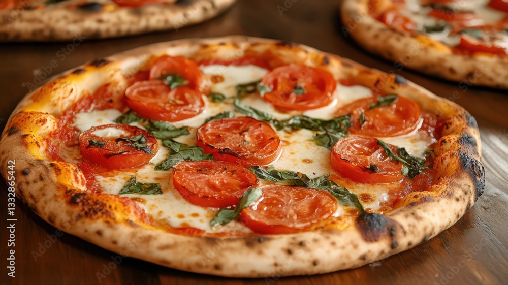 Margherita Pizza with Fresh Tomatoes and Basil on Rustic Wooden Table Margherita Pizza with Fresh Tomatoes and Basil on Rustic Wooden Table