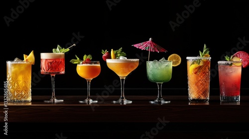 An array of vibrant cocktails is displayed on a polished bar counter, showcasing various colors and garnishes, creating an inviting atmosphere for patrons