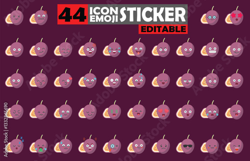 Collection of Passion Fruit Emoji Icons, representing Various Emotions and Expressions