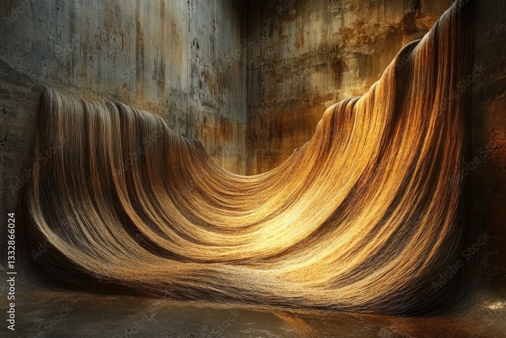 Obraz premium A mesmerizing wave of golden strands cascades within a concrete enclosure, creating a stunning visual spectacle.