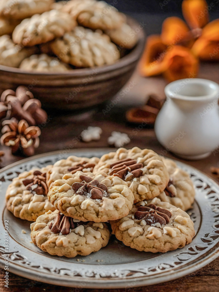 Close-up of Pfeffernusse cookies on a ceramic dish, surrounded by scattered cloves and nutmeg Close-up of Pfeffernusse cookies on a ceramic dish, surrounded by scattered cloves and nutmeg