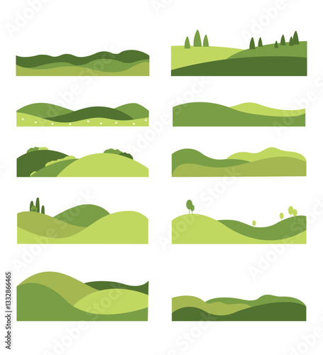 Set of agriculture landscape templates on white background. Green field template, eco background, nature landscape vector illustration with texture. Farmland collage for flyer, identity, booklet