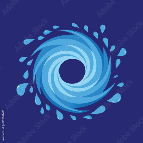 Spiraling graphic of water with droplets on a dark blue background