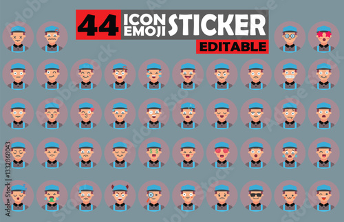 Diverse set of Editable Cartoon Emoji Icon Stickers with Various Facial Expressions