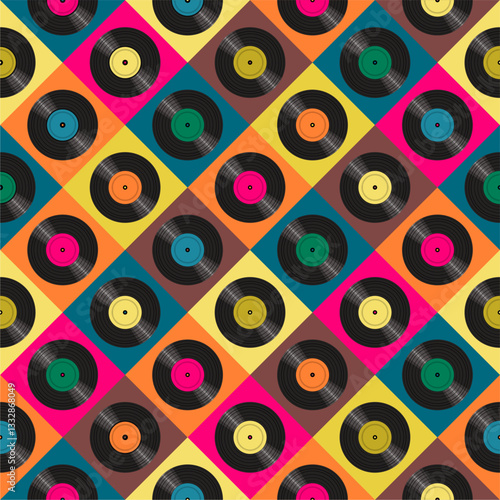 Seamless pattern print wallpaper with vinyl record discs music illustration vector retro style 60s, 70s, 80s, design art background for paper, textile, pack etc.	
