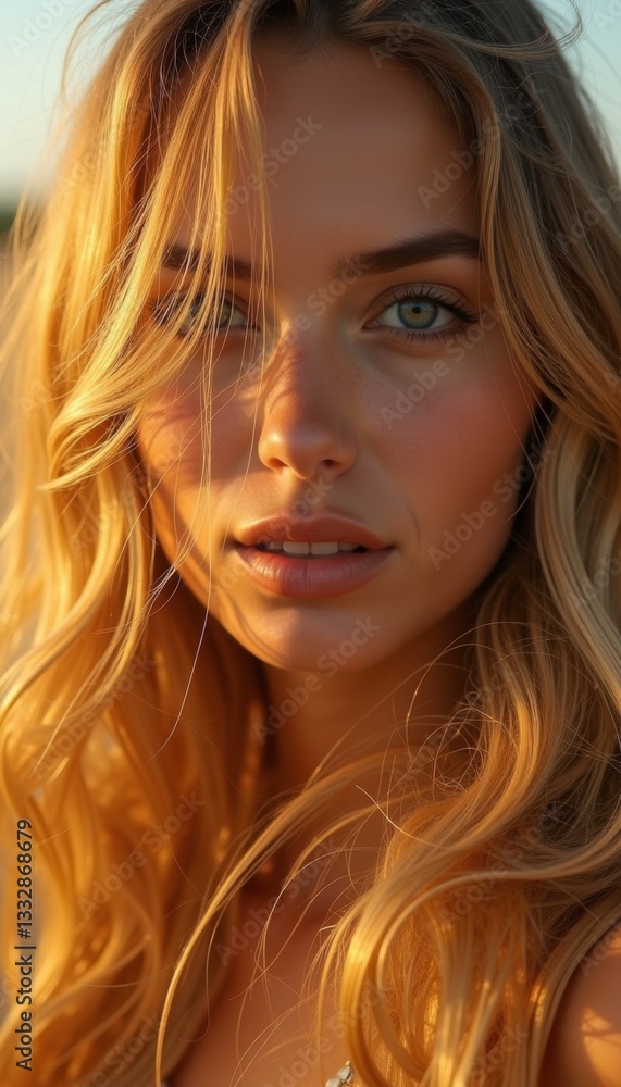 Fototapeta premium Radiant female model with flowing blonde hair and captivating blue eyes, captured in warm sunlight, embodying beauty and serenity.