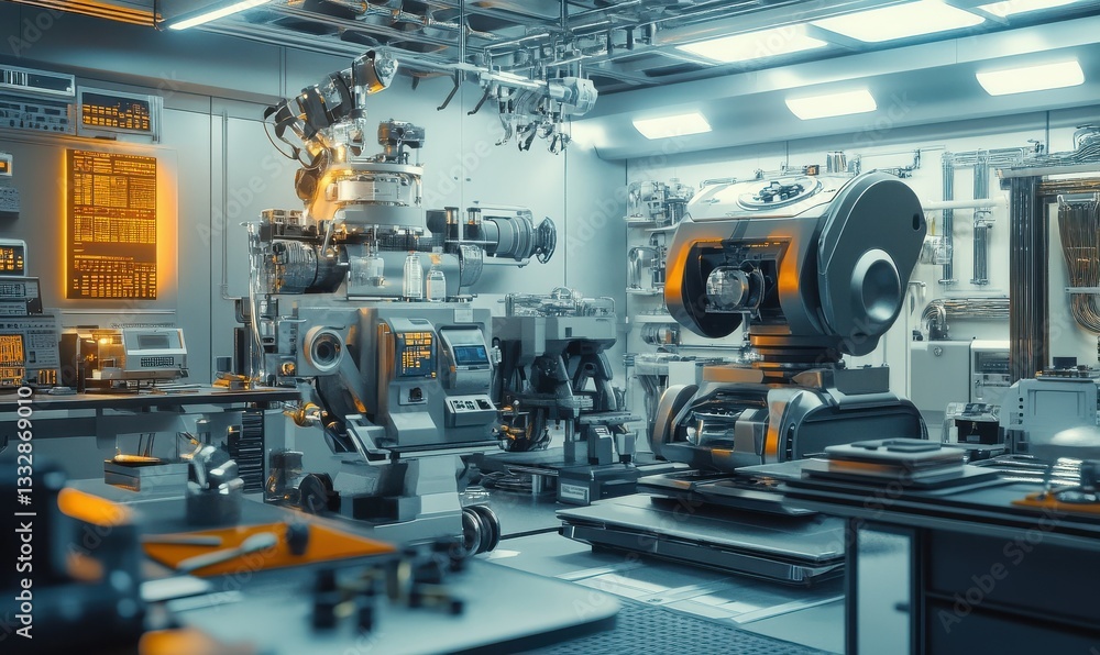 Industrial laboratory with advanced robotic machinery and engineering equipment displayed. Industrial laboratory with advanced robotic machinery and engineering equipment displayed.