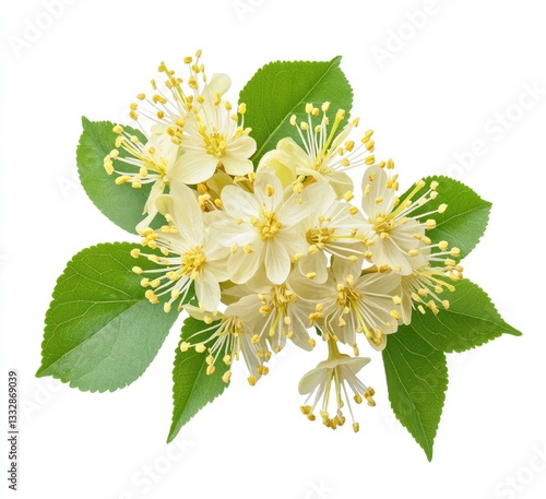 Fresh linden blossoms cluster, isolated white background