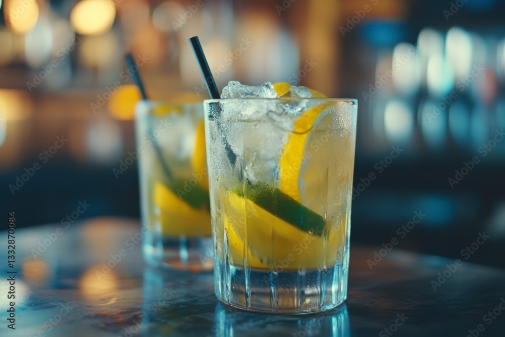 Refreshing Yellow Cocktails with Ice Cubes, Lime Garnish, and Straws on a Tabletop in a Bar with Soft Bokeh Lights Refreshing Yellow Cocktails with Ice Cubes, Lime Garnish, and Straws on a Tabletop in a Bar with Soft Bokeh Lights