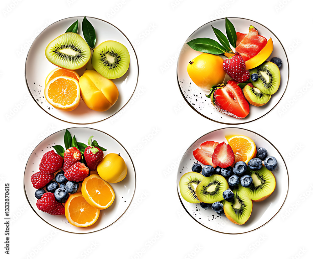 Assorted Fresh Fruits in Elegant White Plates – Healthy Organic Food and Balanced Diet Concept Assorted Fresh Fruits in Elegant White Plates – Healthy Organic Food and Balanced Diet Concept