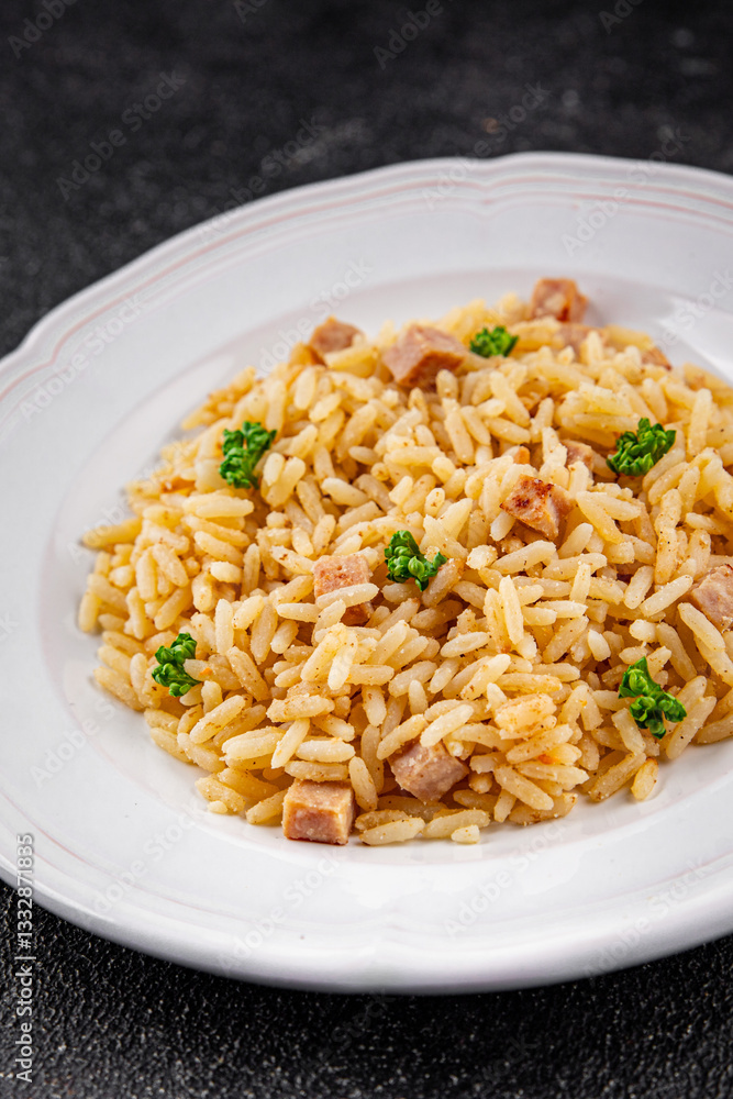 Rice ham meat main course fresh delicious gourmet food background on the table rustic food top view copy space Rice ham meat main course fresh delicious gourmet food background on the table rustic food top view copy space