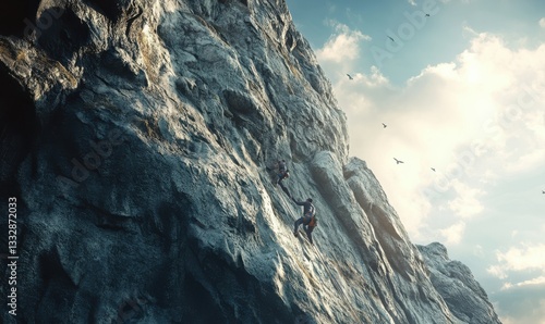 Dynamic rock climbing scene with a determined climber scaling a steep cliff, rugged textures and dramatic lighting highlighting the adventur photo