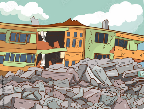 Destroyed Building after War or Earthquake Vector Illustration