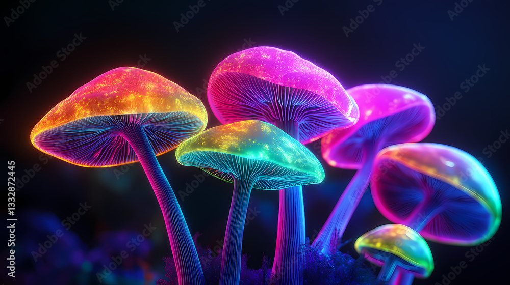 A group of glowing neon mushrooms with vibrant colors against a black.. Glowing Mushrooms. Illustration A group of glowing neon mushrooms with vibrant colors against a black.. Glowing Mushrooms. Illustration