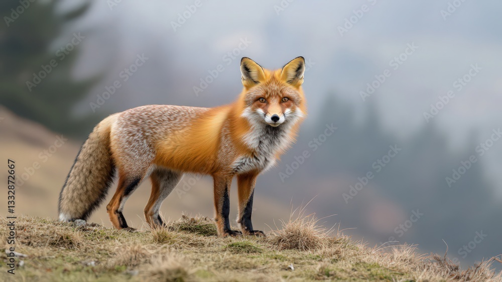 Fototapeta premium Red Fox in Foggy Mountain Landscape