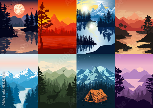 Scenic mountain landscapes at various times of day