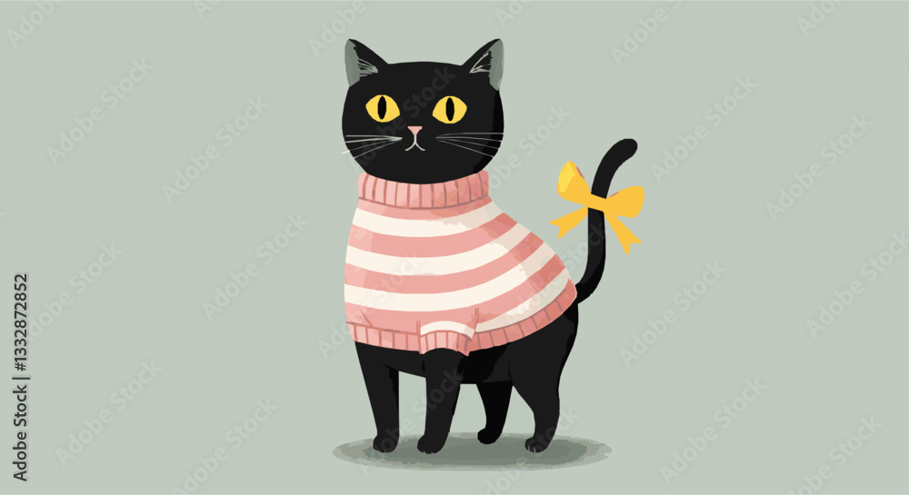 Fototapeta premium Adorable Black Cat Wearing Pink Striped Sweater with Yellow Bow
