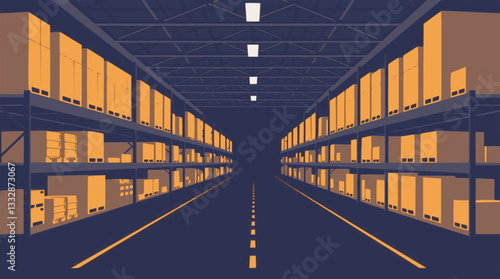 Outline illustration of an industrial warehouse with shelves minimal logistics vector design.