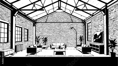 Outline of an industrial loft with exposed brick and high ceilings minimalist vector illustration.