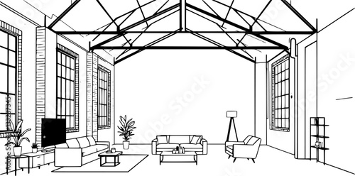 Outline of an industrial loft with exposed brick and high ceilings minimalist vector illustration.