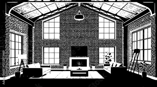 Outline of an industrial loft with exposed brick and high ceilings minimalist vector illustration.