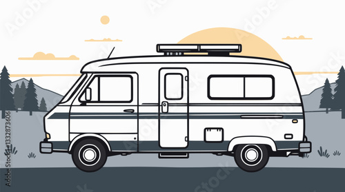 Outline illustration of a camper van minimal road trip adventure vector design.